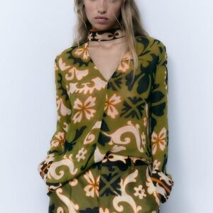 Zara Multicolored Printed Tie/Scarf Neck Button Up Blouse Shirt, NWT Sz S